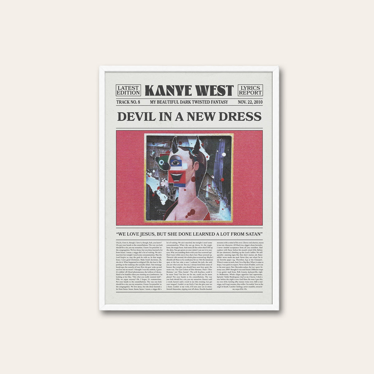 Kanye West Devil in a New Dress newspaper poster — white frame