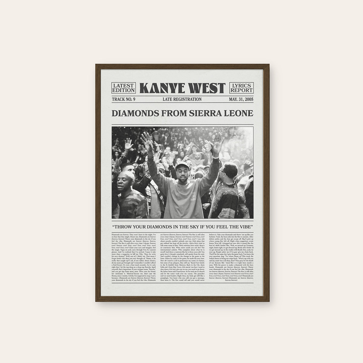Kanye West Diamonds from Sierra Leone newspaper poster — dark wood frame