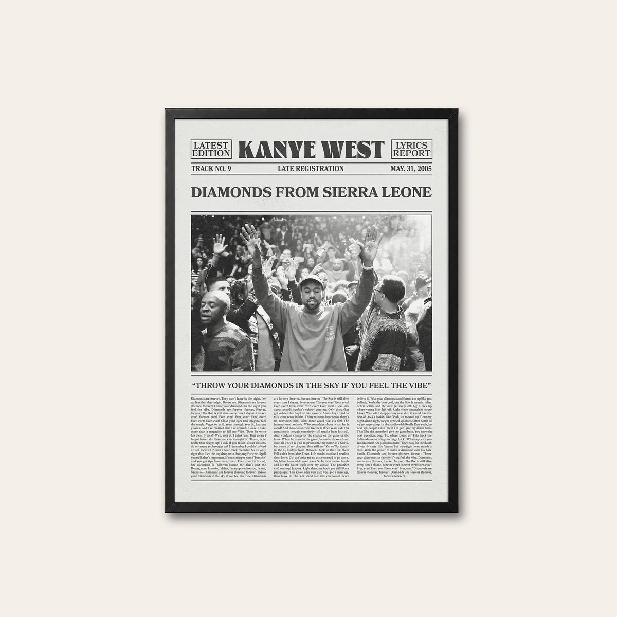 Kanye West Diamonds from Sierra Leone newspaper poster — black frame