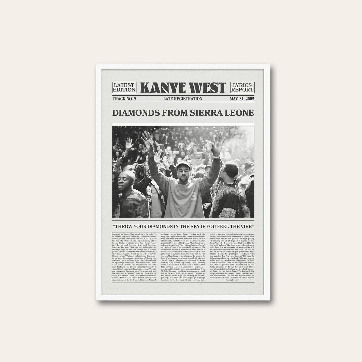 Kanye West Diamonds from Sierra Leone newspaper poster — white frame