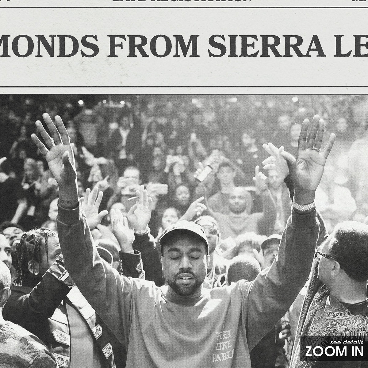 Kanye West Diamonds from Sierra Leone newspaper poster — close-up detail