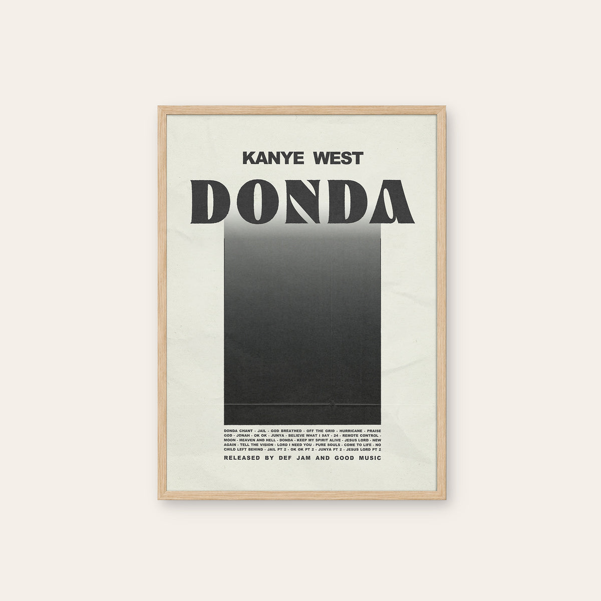 Kanye West Donda album poster — natural wood frame