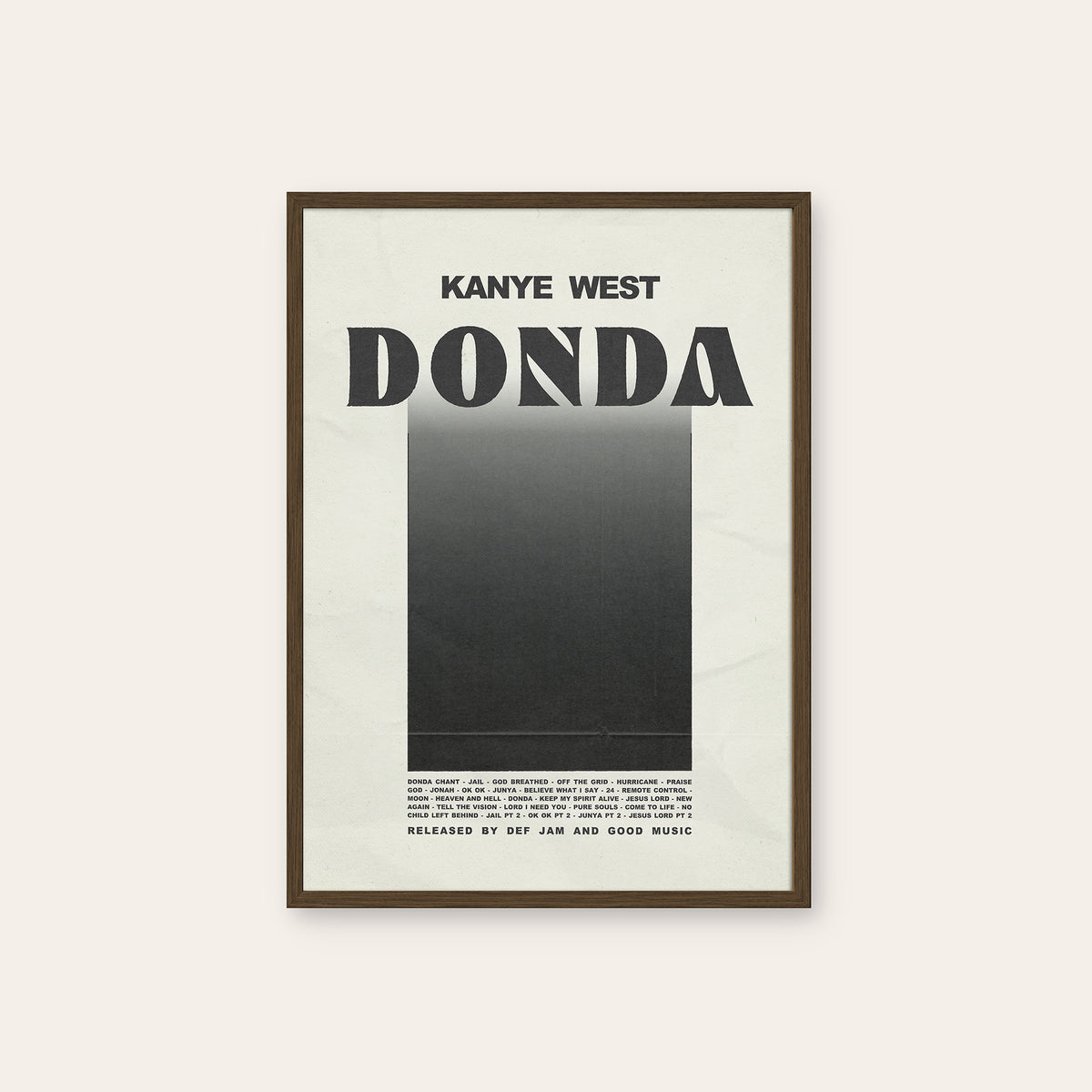 Kanye West Donda album poster — dark wood frame
