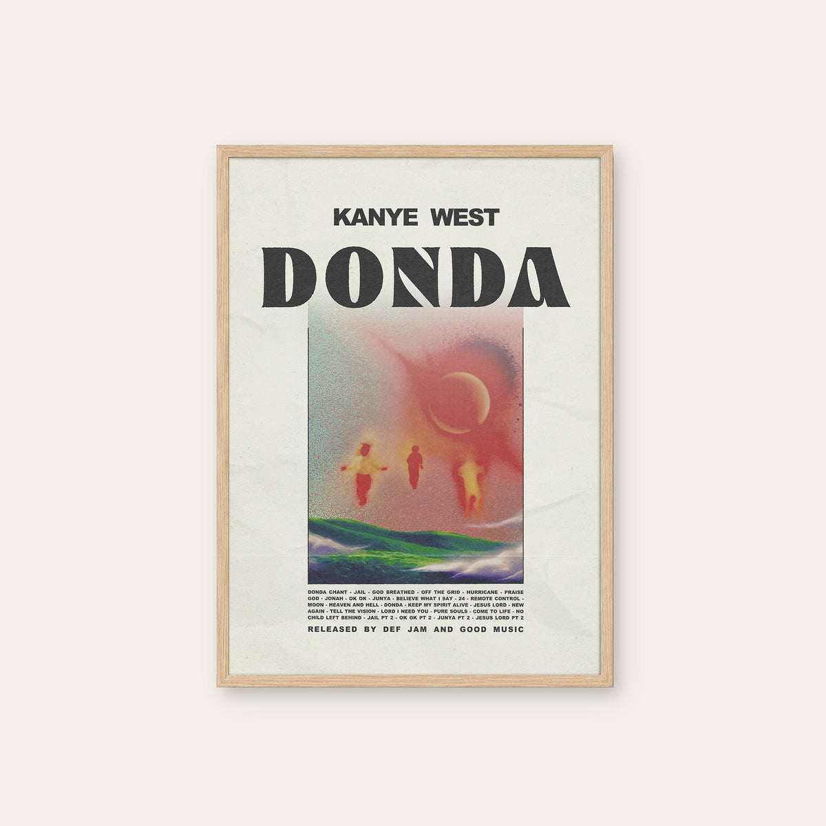 Kanye West Donda album poster — natural wood frame