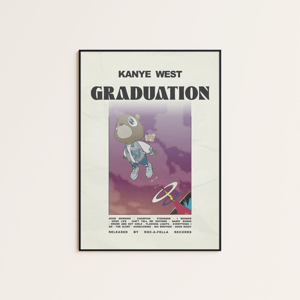 Kanye West Graduation album poster — black frame display