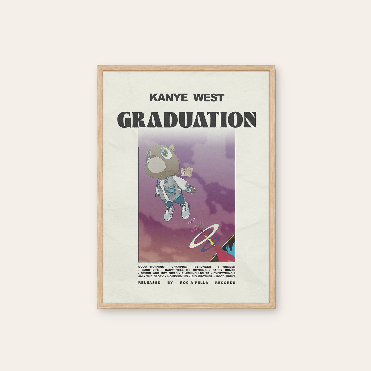 Kanye West Graduation album poster — natural wood frame
