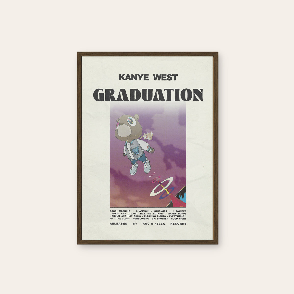 Kanye West Graduation album poster — dark wood frame