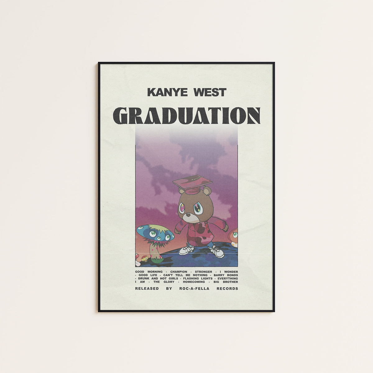 Kanye West Graduation album poster — black frame display