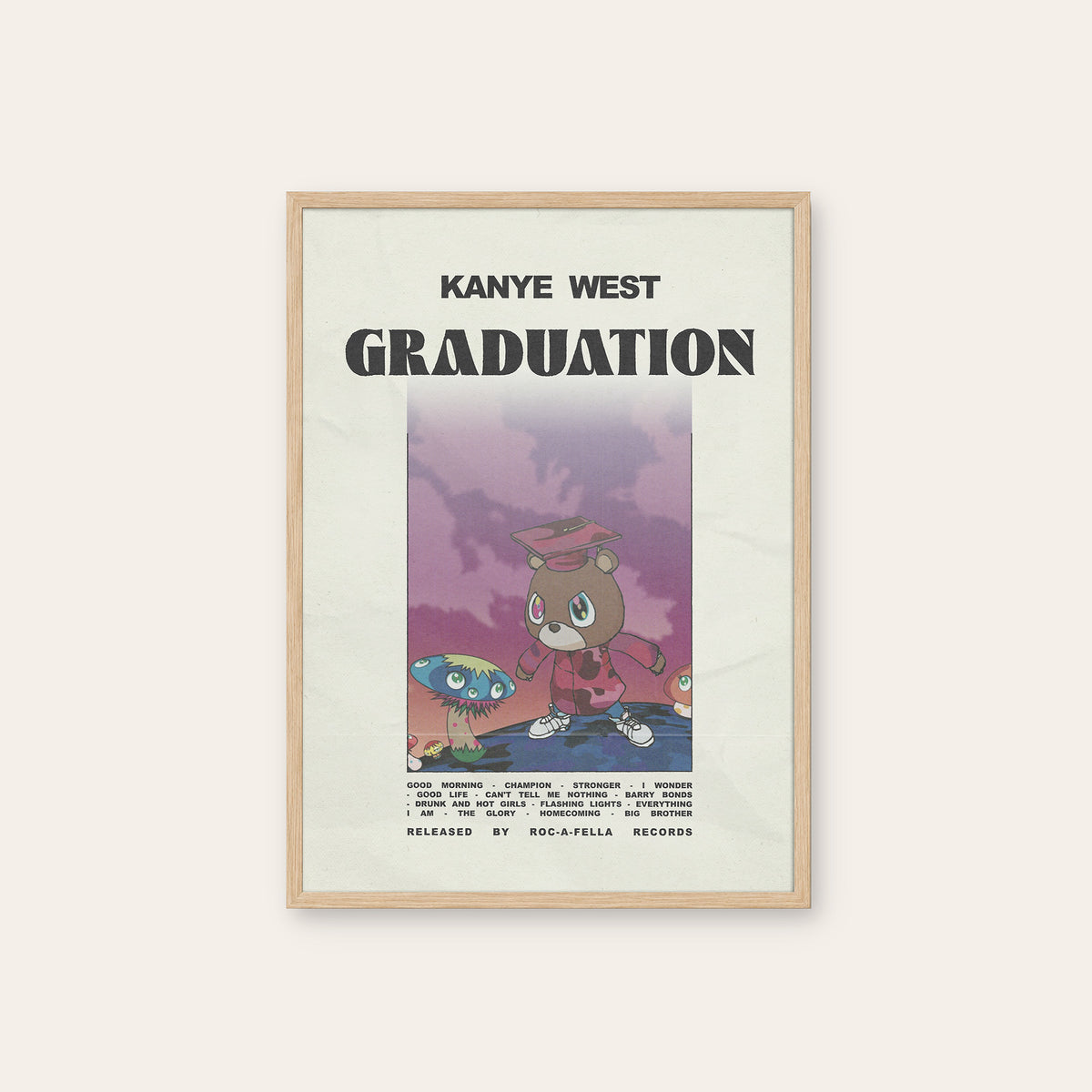 Kanye West Graduation album poster — natural wood frame