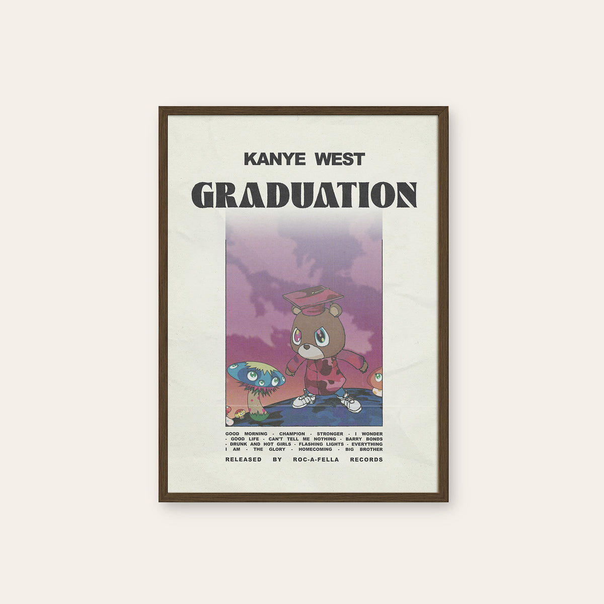 Kanye West Graduation album poster — dark wood frame