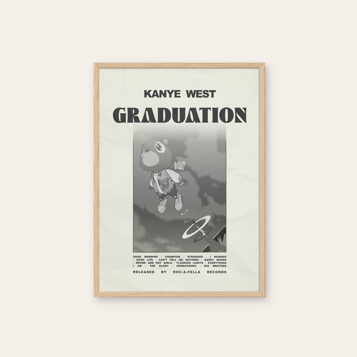 Kanye West Graduation album poster — natural wood frame