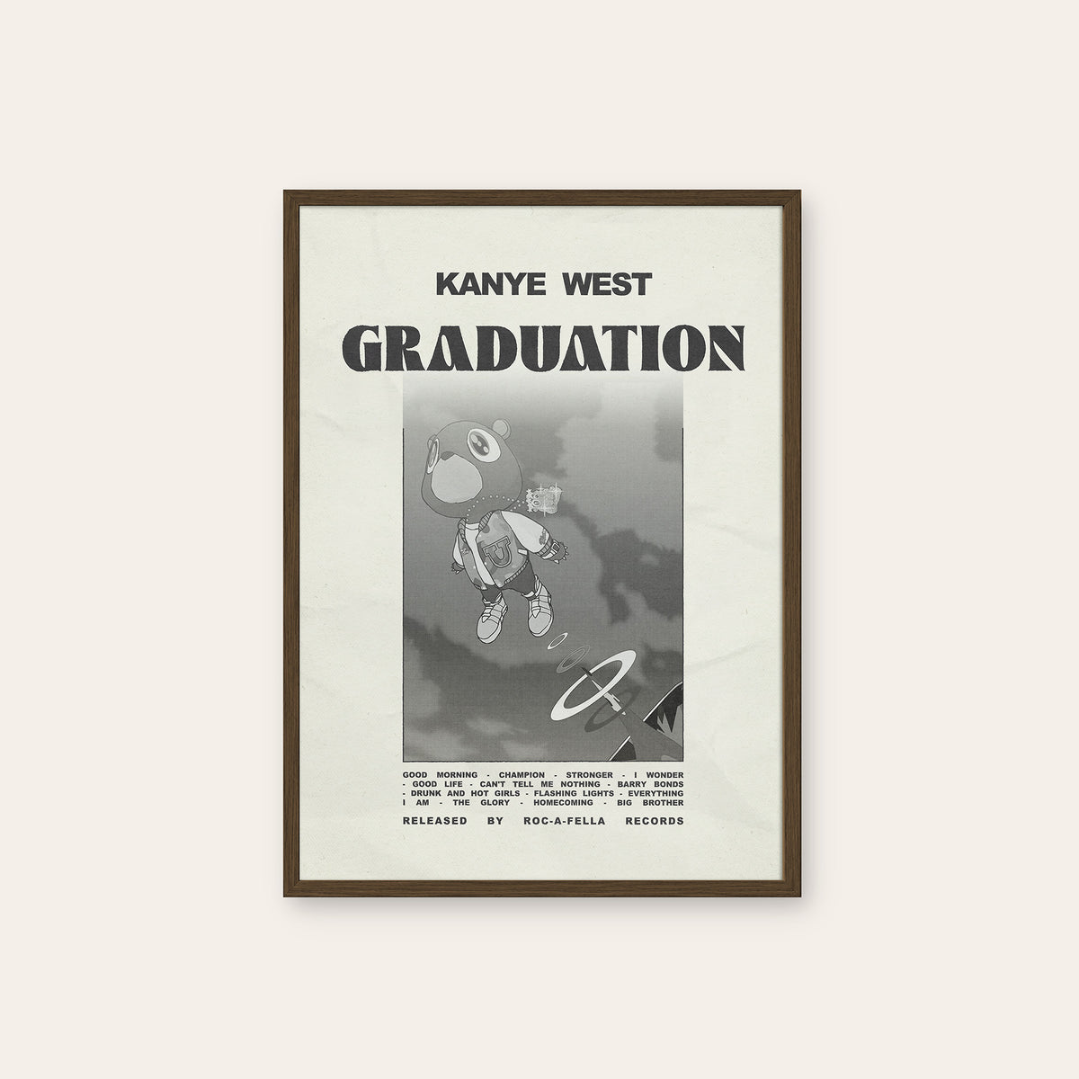 Kanye West Graduation album poster — dark wood frame