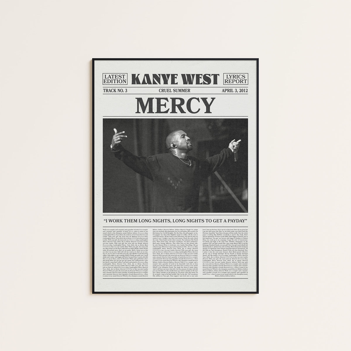 Kanye West Mercy newspaper poster — black frame display