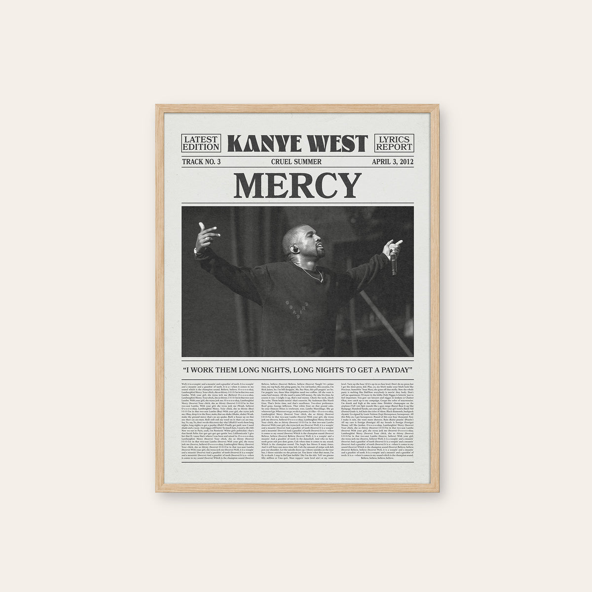 Kanye West Mercy newspaper poster — natural wood frame