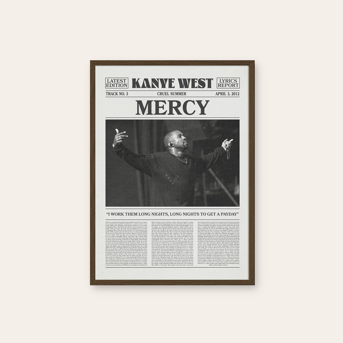 Kanye West Mercy newspaper poster — dark wood frame
