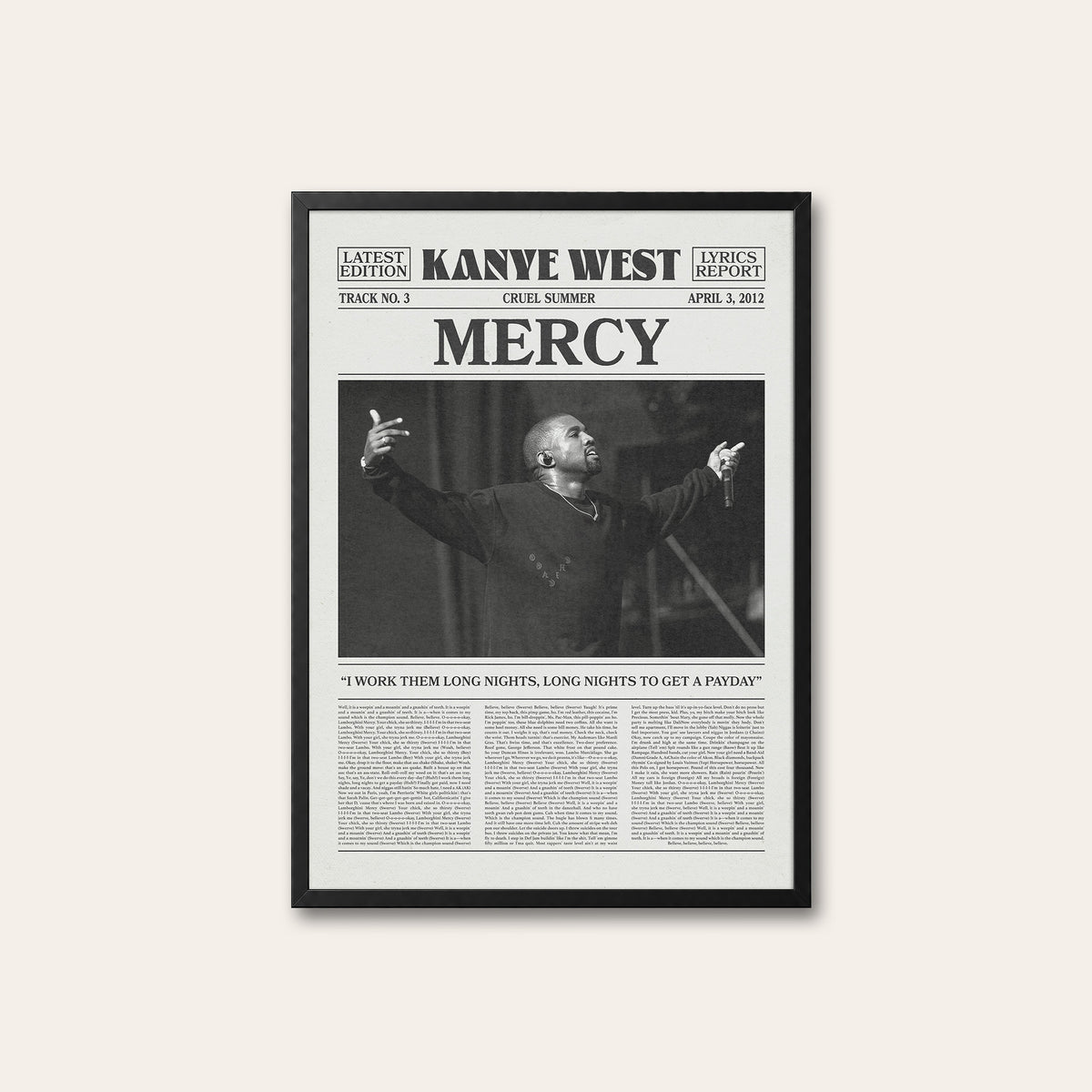 Kanye West Mercy newspaper poster — black frame