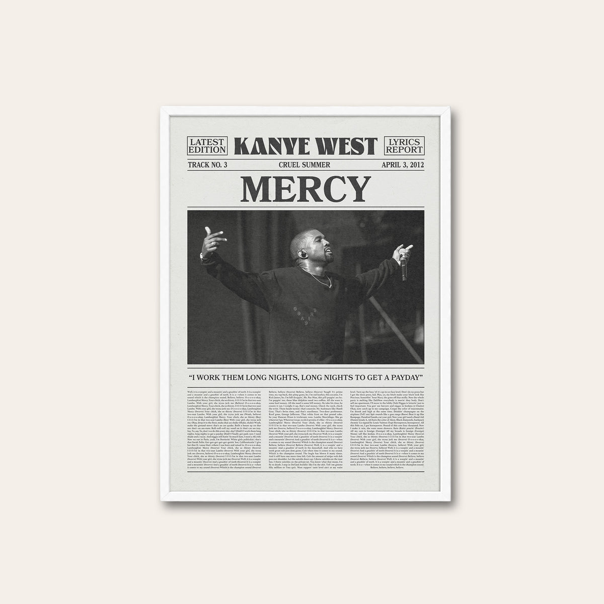 Kanye West Mercy newspaper poster — white frame
