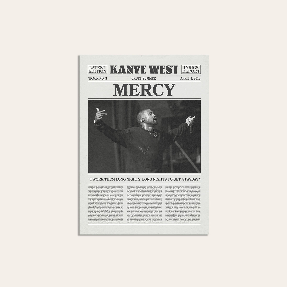 Kanye West Mercy newspaper poster — unframed print