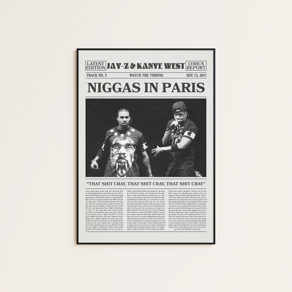 Jay-Z & Kanye West Paris newspaper poster — black frame display