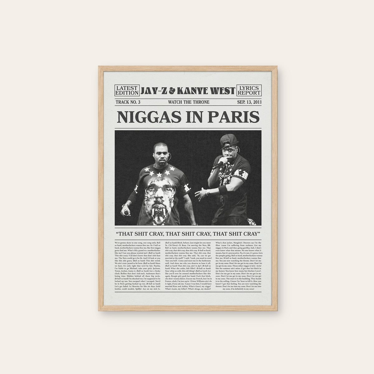 Jay-Z & Kanye West Paris newspaper poster — natural wood frame