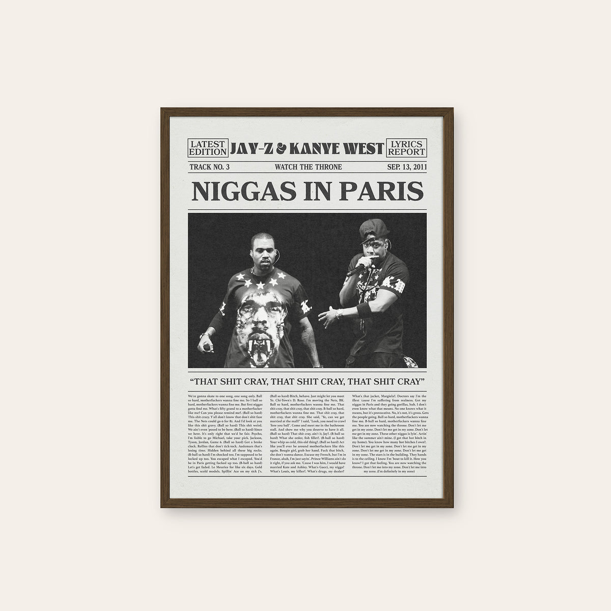Jay-Z & Kanye West Paris newspaper poster — dark wood frame