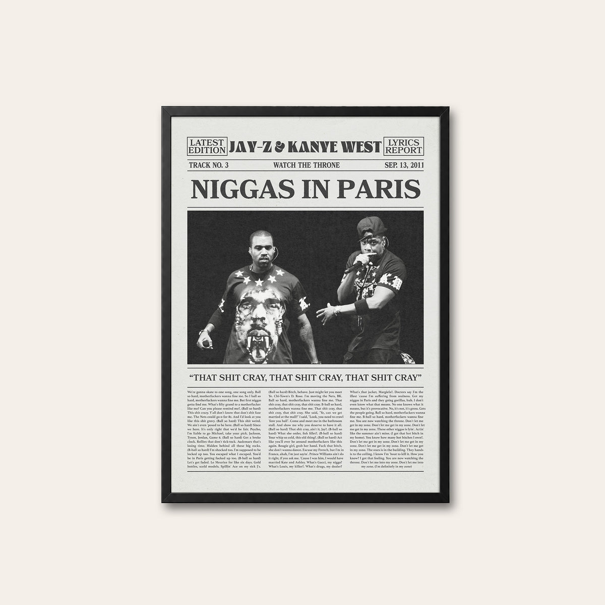 Jay-Z & Kanye West Paris newspaper poster — black frame