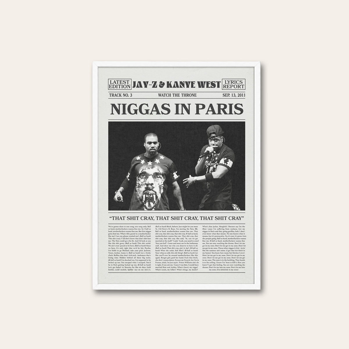 Jay-Z & Kanye West Paris newspaper poster — white frame
