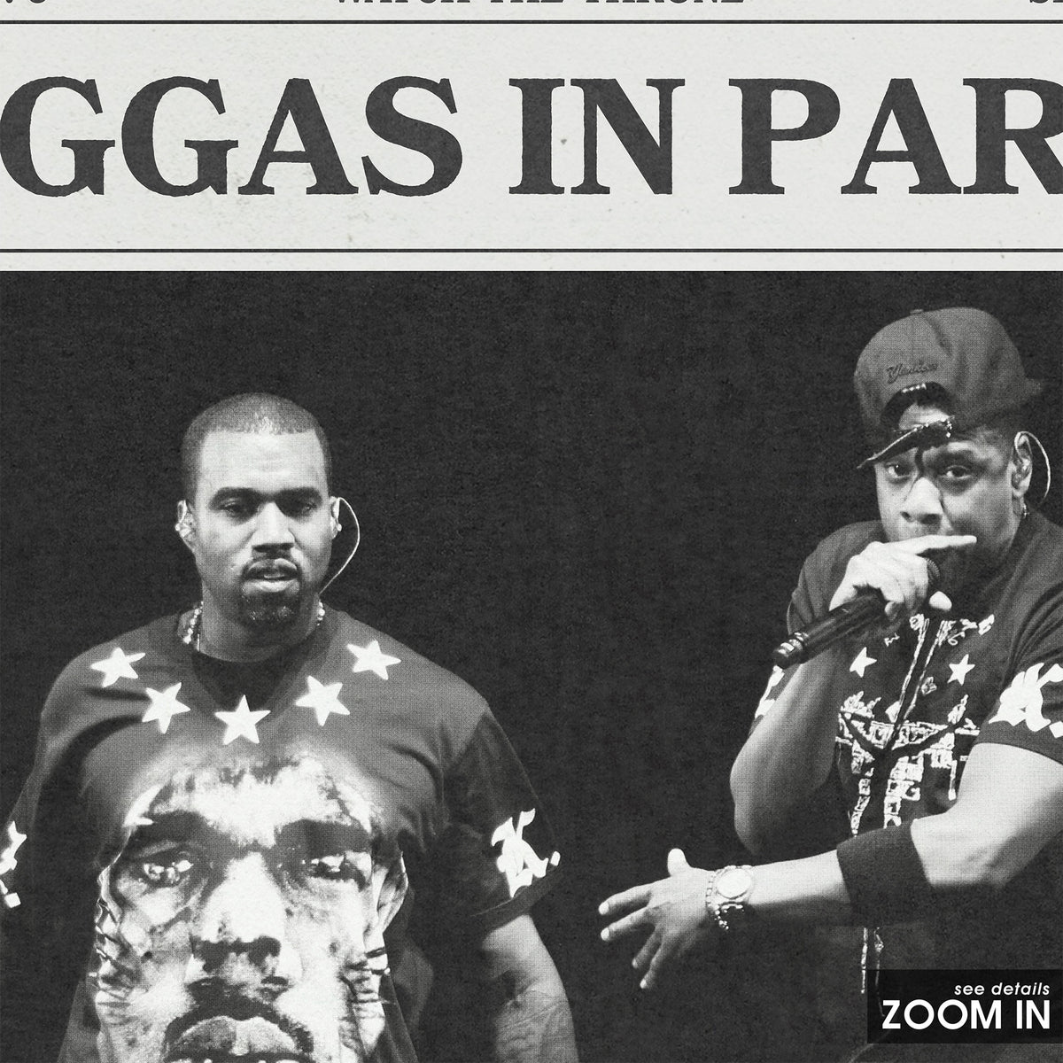 Jay-Z & Kanye West Paris newspaper poster — close-up detail