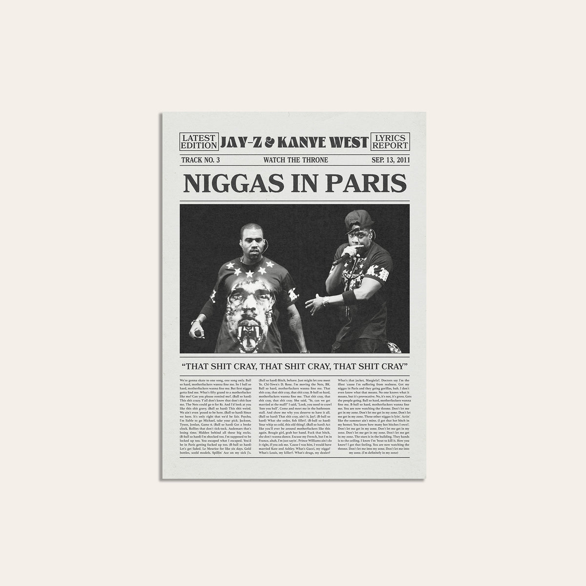 Jay-Z & Kanye West Paris newspaper poster — unframed print