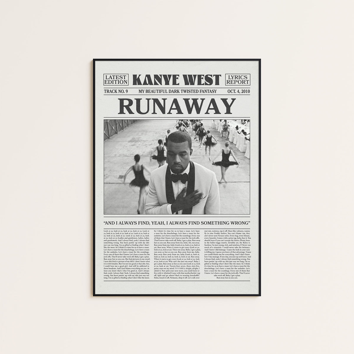 Kanye West Runaway newspaper poster — black frame display
