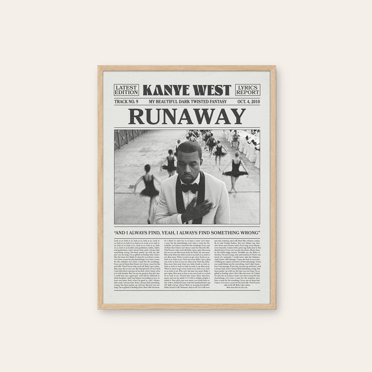 Kanye West Runaway newspaper poster — natural wood frame