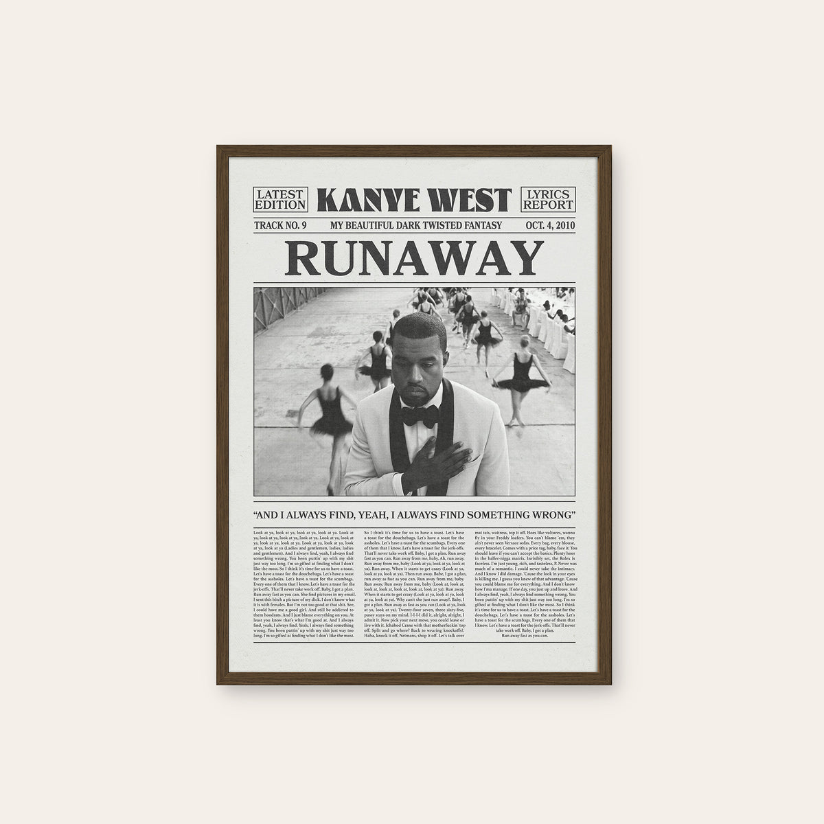 Kanye West Runaway newspaper poster — dark wood frame