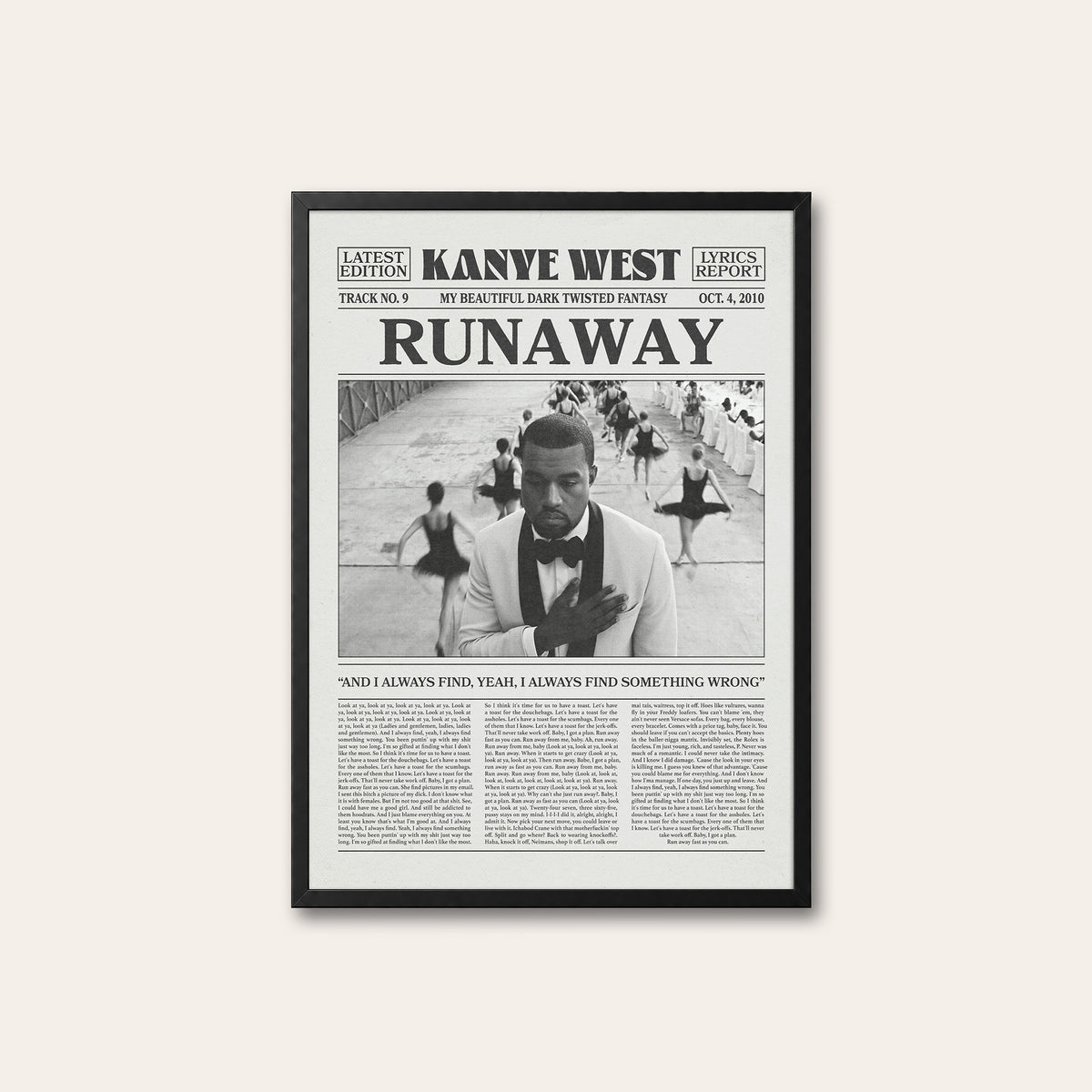 Kanye West Runaway newspaper poster — black frame