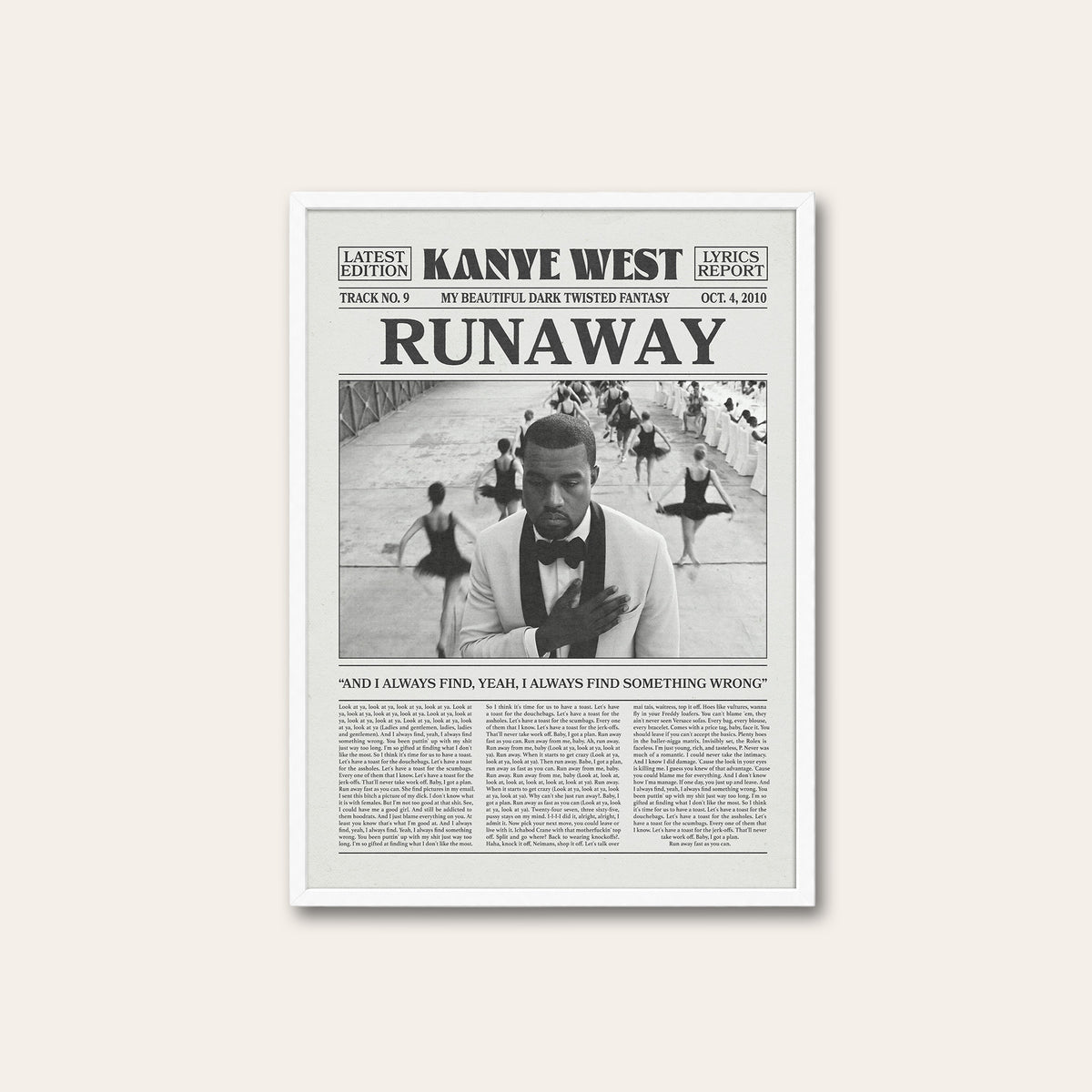 Kanye West Runaway newspaper poster — white frame