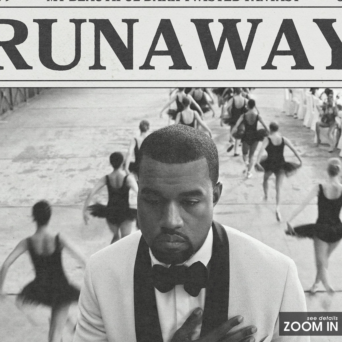 Kanye West Runaway newspaper poster — close-up detail