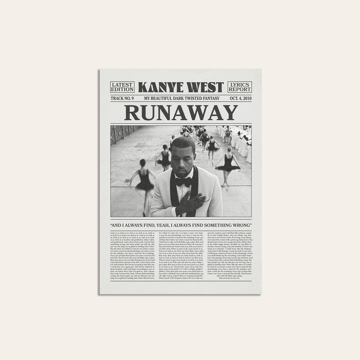 Kanye West Runaway newspaper poster — unframed print