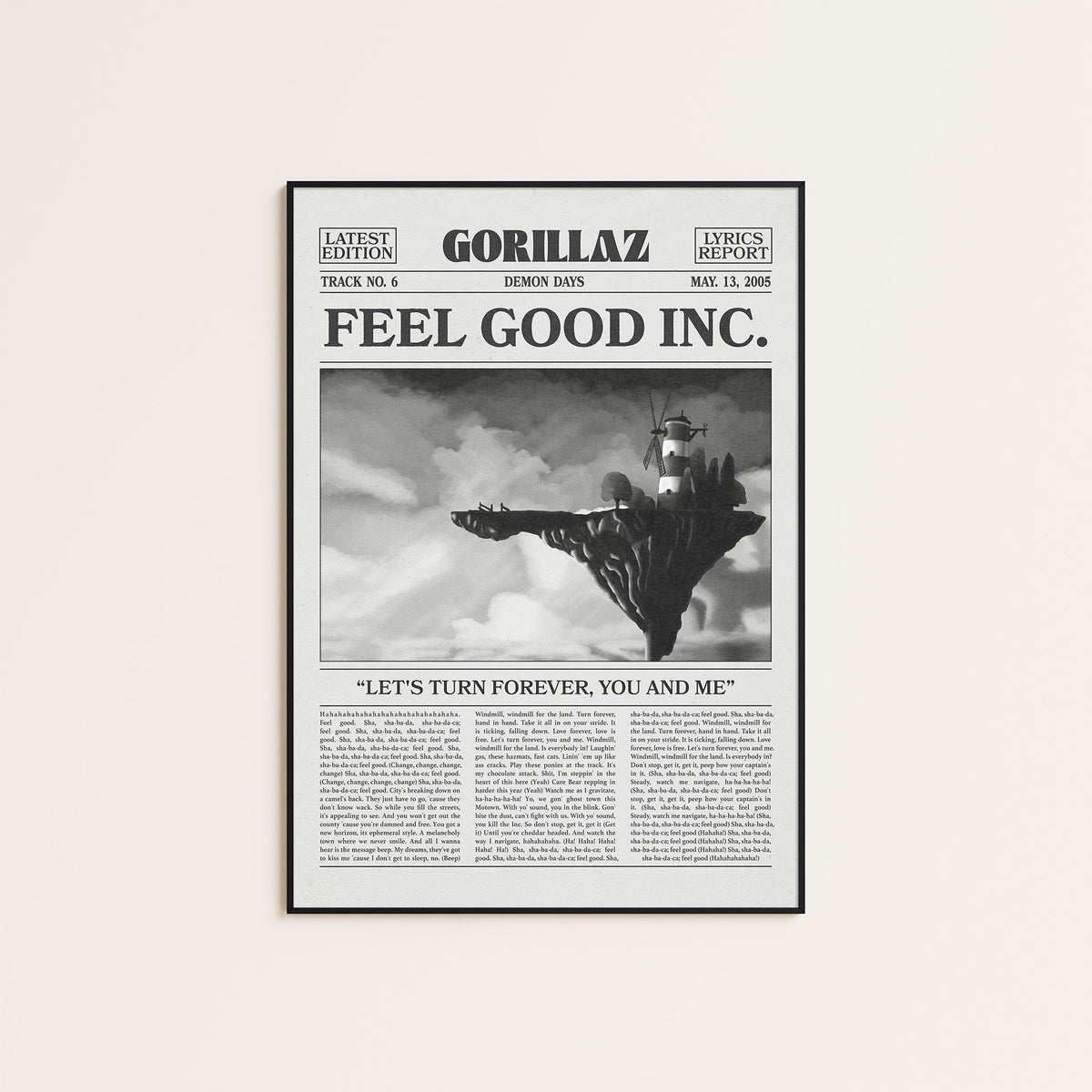 Gorillaz Feel Good Inc. newspaper poster — black frame display