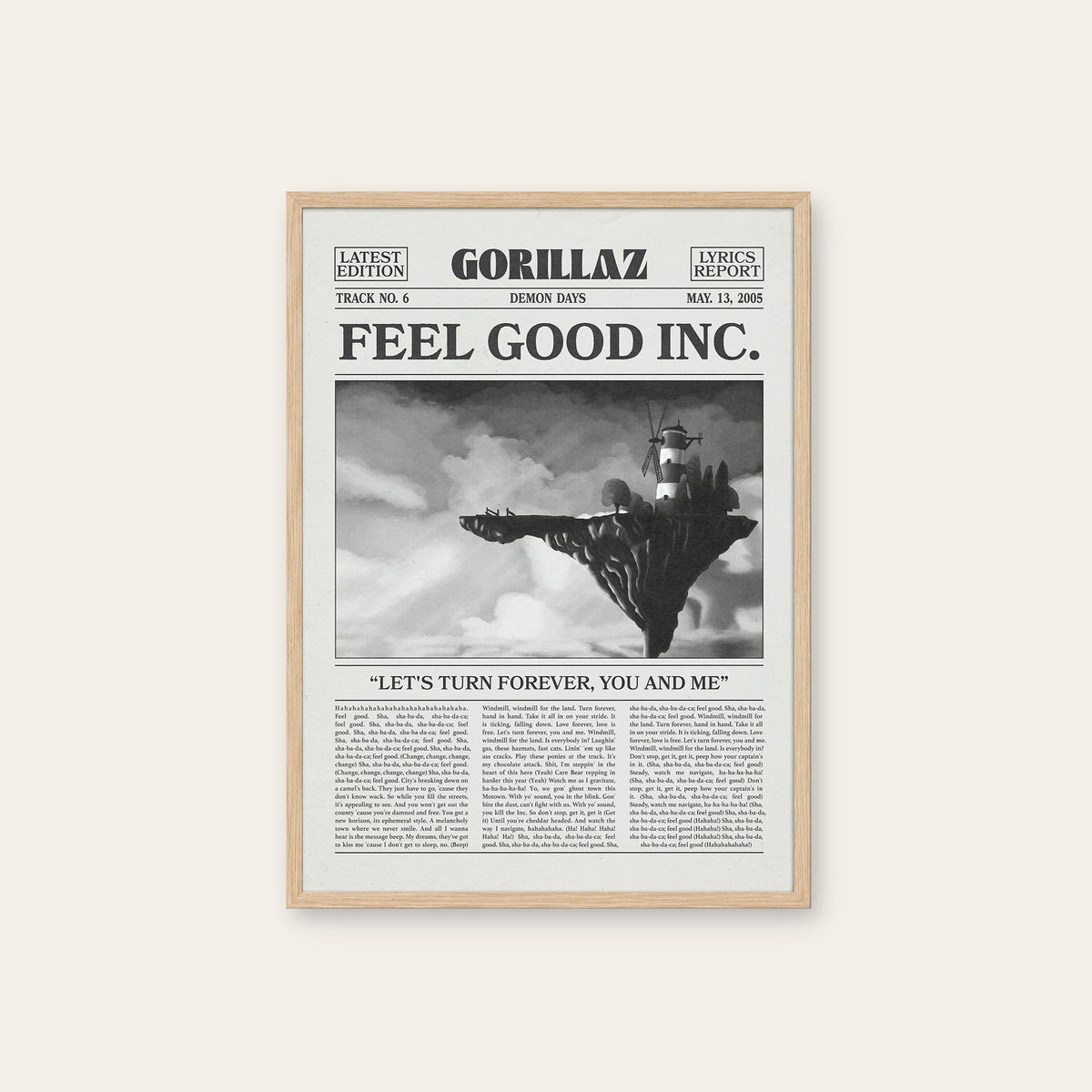 Gorillaz Feel Good Inc. newspaper poster — natural wood frame