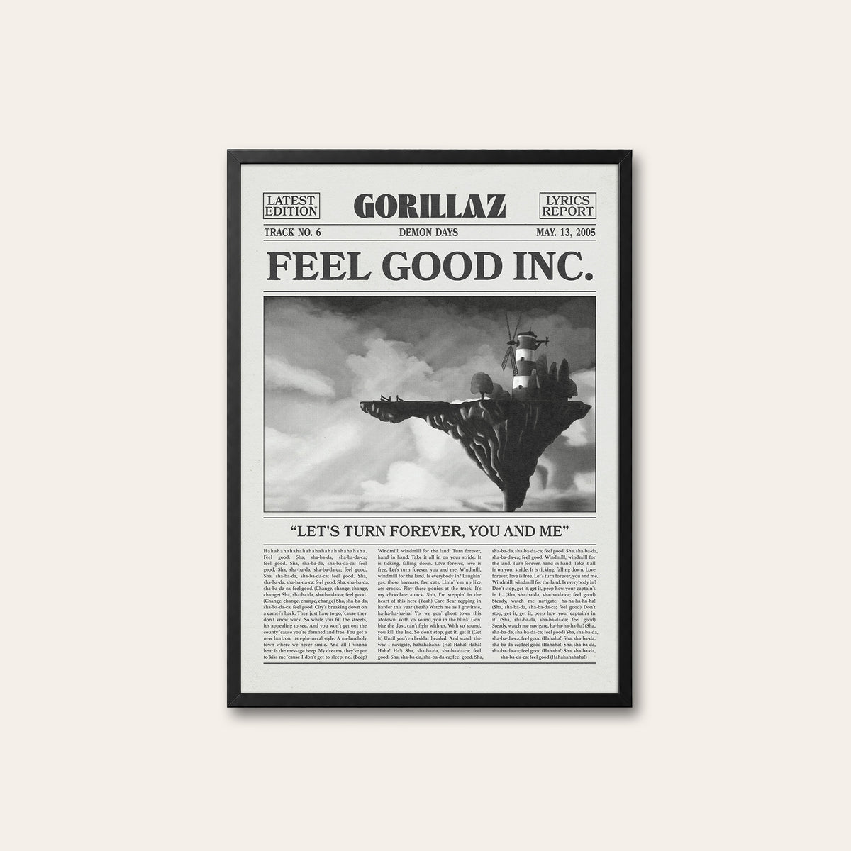 Gorillaz Feel Good Inc. newspaper poster — black frame