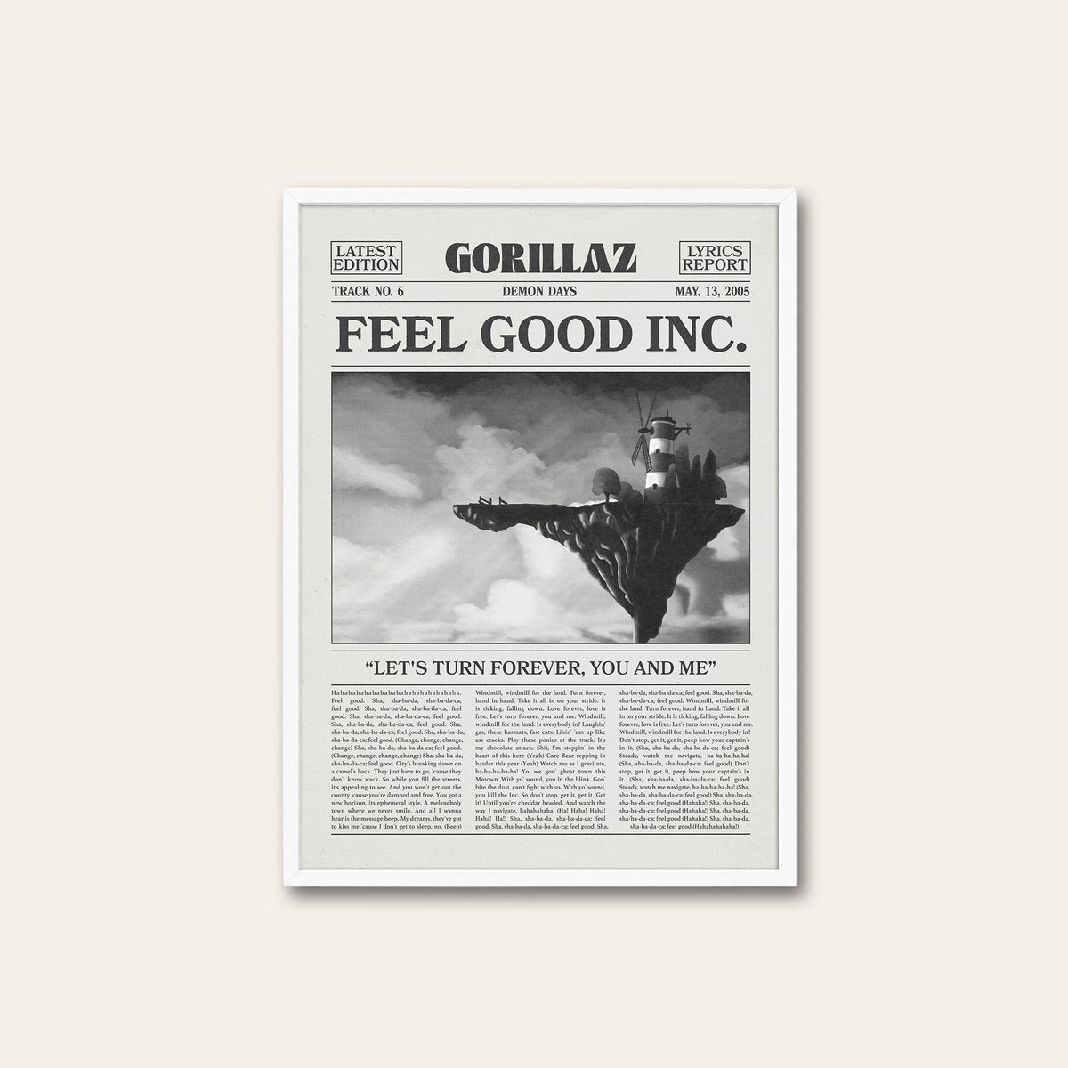 Gorillaz Feel Good Inc. newspaper poster — white frame
