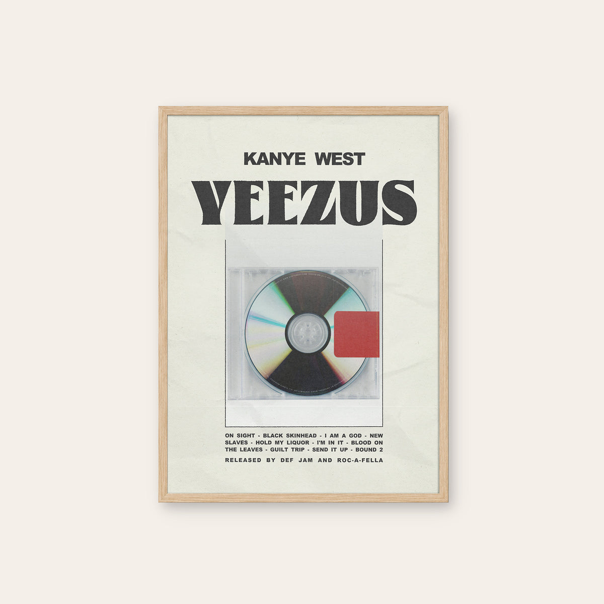 Kanye West Yeezus album poster — natural wood frame
