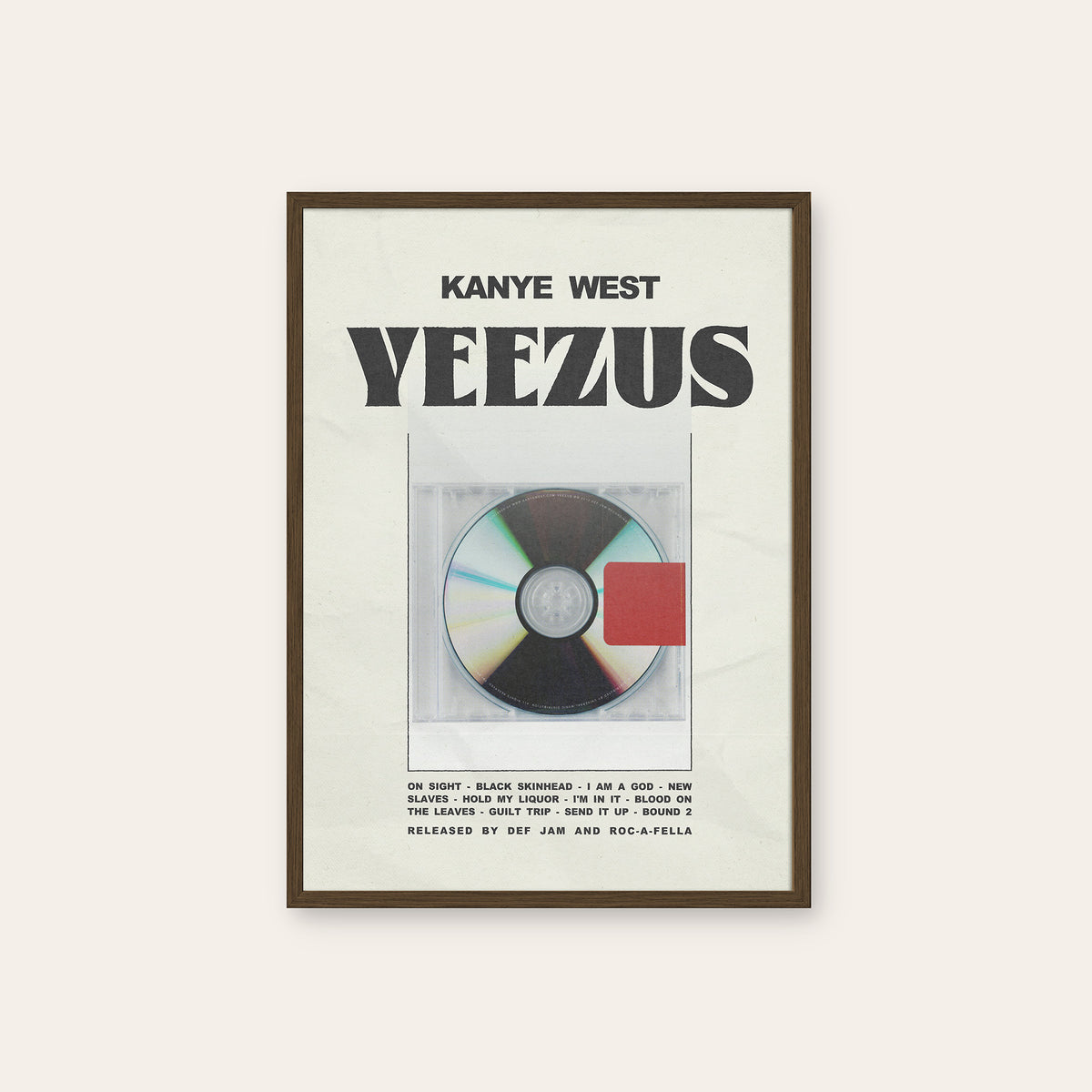 Kanye West Yeezus album poster — dark wood frame