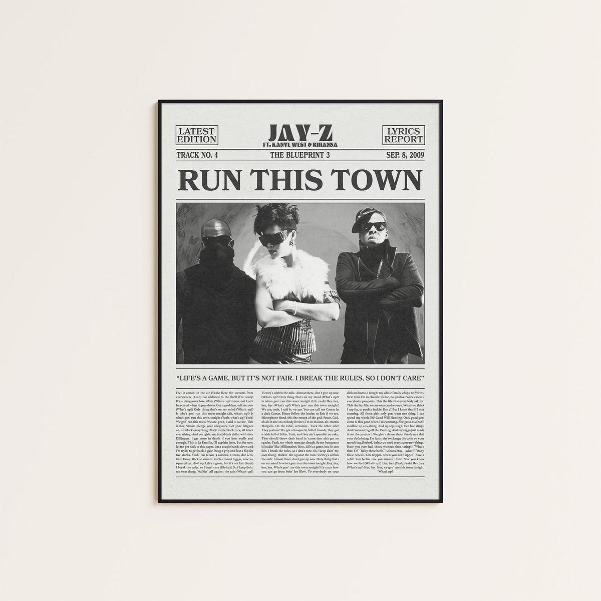 Jay-Z, Rihanna & Kanye West Run This Town newspaper poster — black frame display