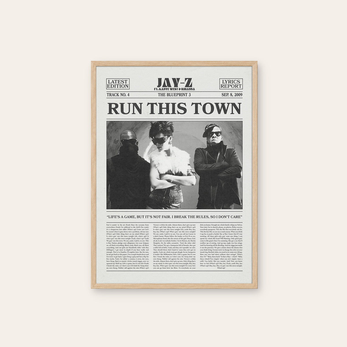 Jay-Z, Rihanna & Kanye West Run This Town newspaper poster — natural wood frame