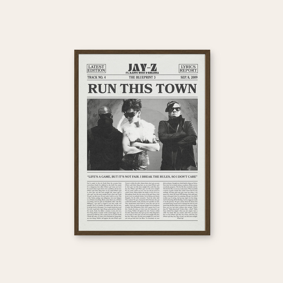 Jay-Z, Rihanna & Kanye West Run This Town newspaper poster — dark wood frame