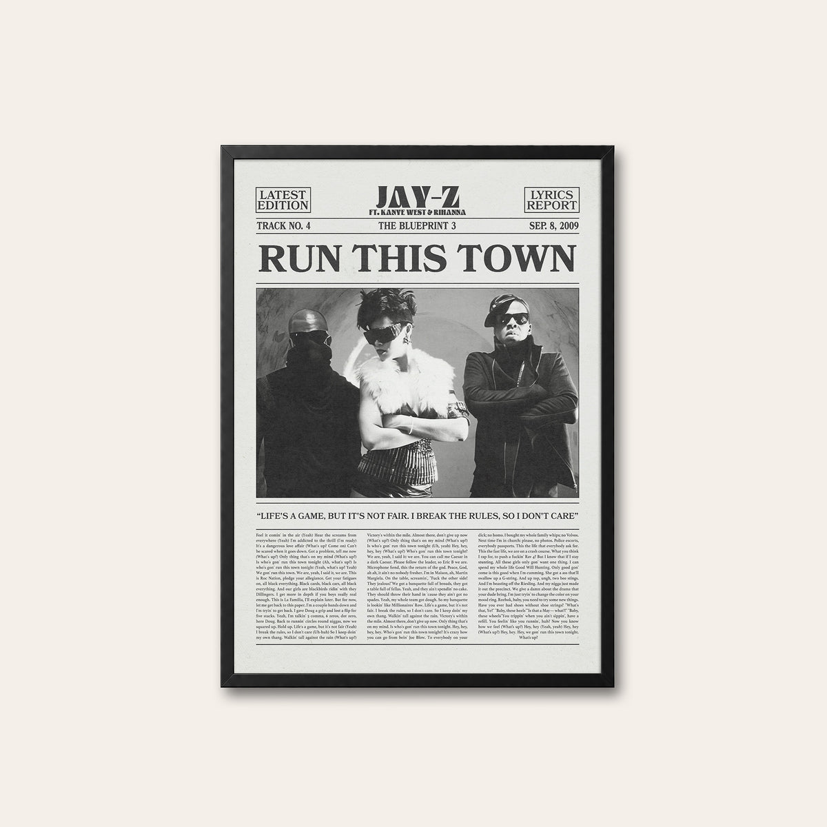 Jay-Z, Rihanna & Kanye West Run This Town newspaper poster — black frame