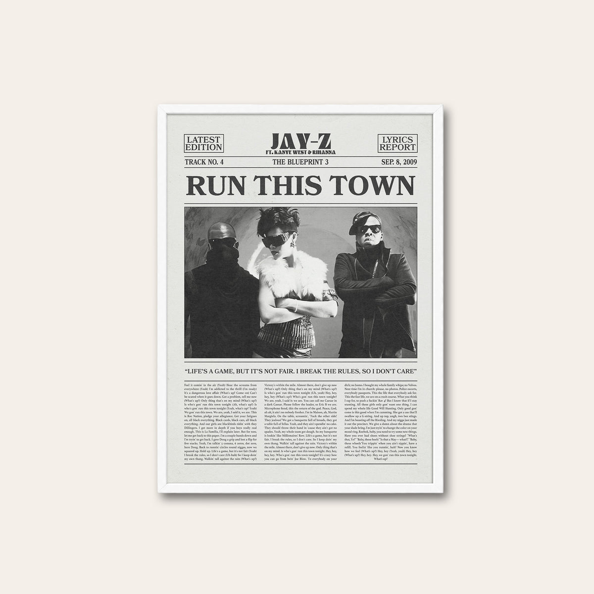 Jay-Z, Rihanna & Kanye West Run This Town newspaper poster — white frame