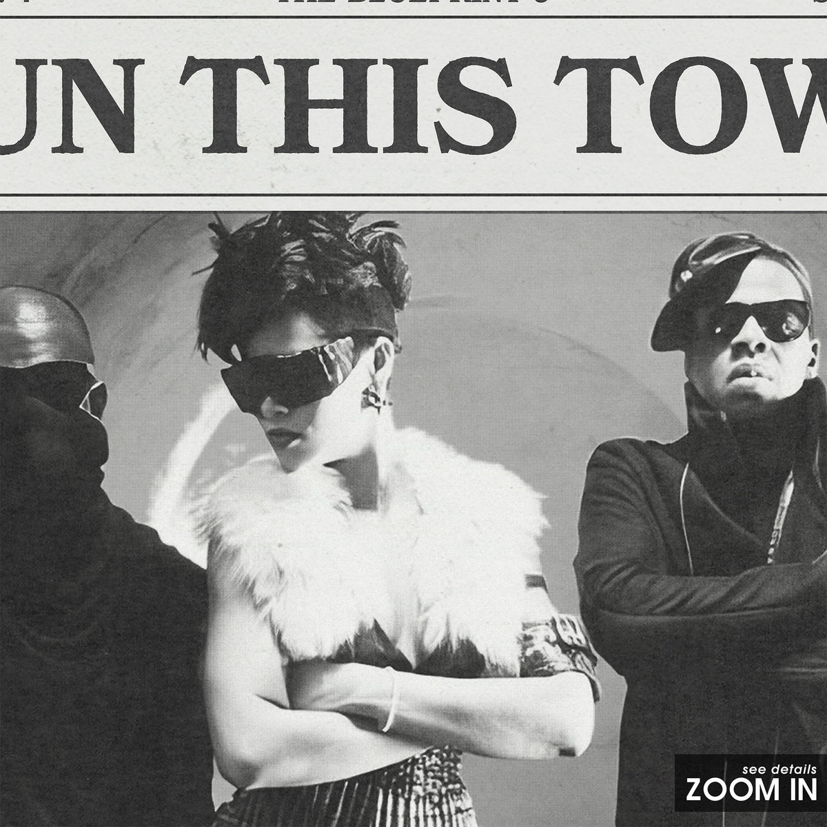 Jay-Z, Rihanna & Kanye West Run This Town newspaper poster — close-up detail