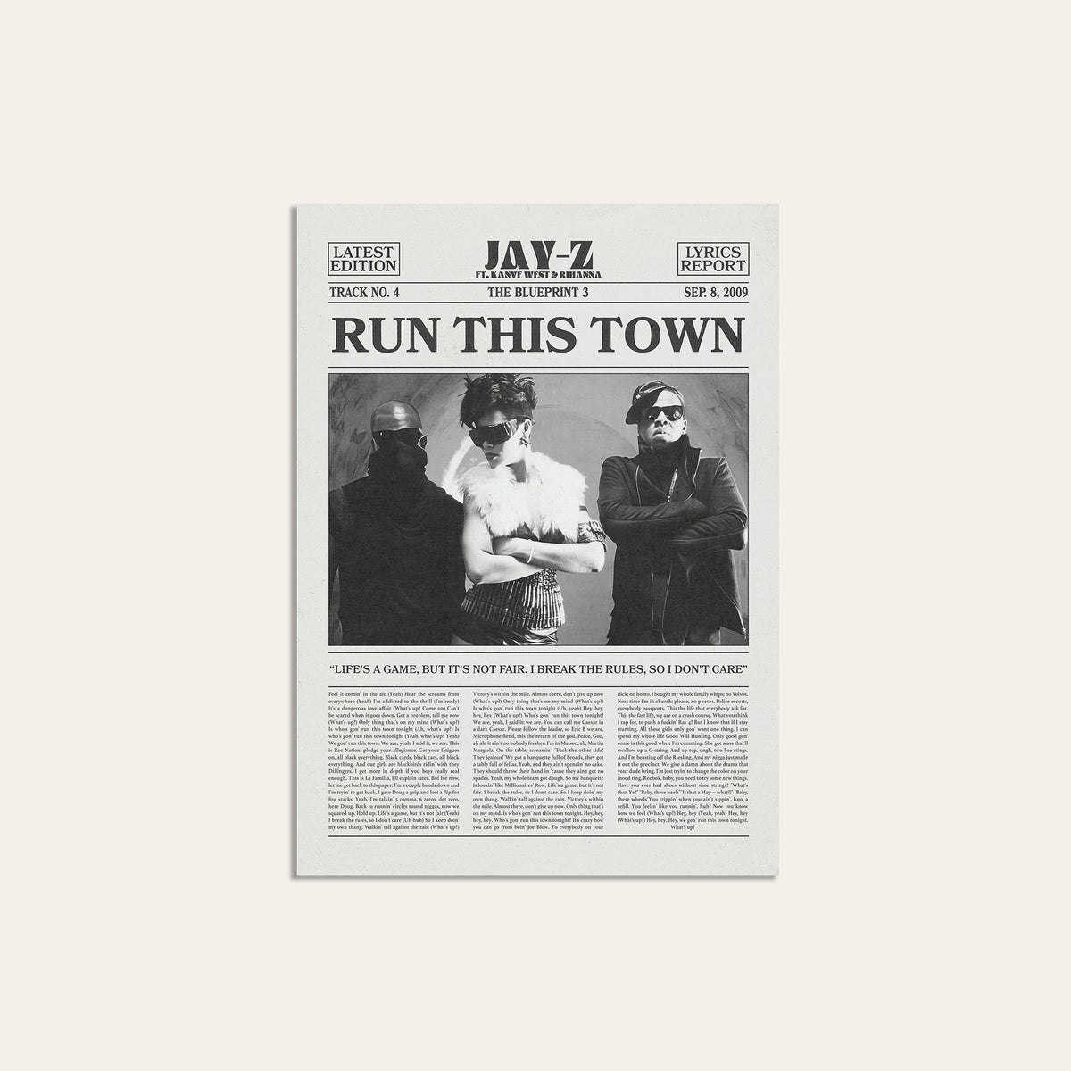 Jay-Z, Rihanna & Kanye West Run This Town newspaper poster — unframed print