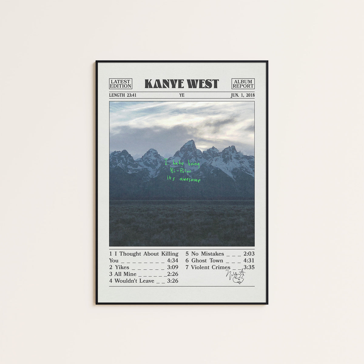 Kanye West Ye album poster — black frame display